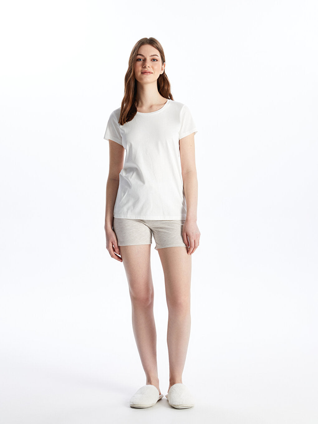 Crew Neck Plain Short Sleeve Women's Pajama Set with Shorts