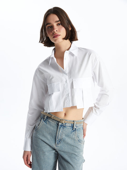 Plain Long Sleeve Crop Poplin Women's Shirt