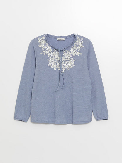 Tie Collar Embroidered Long Sleeve Women's Blouse