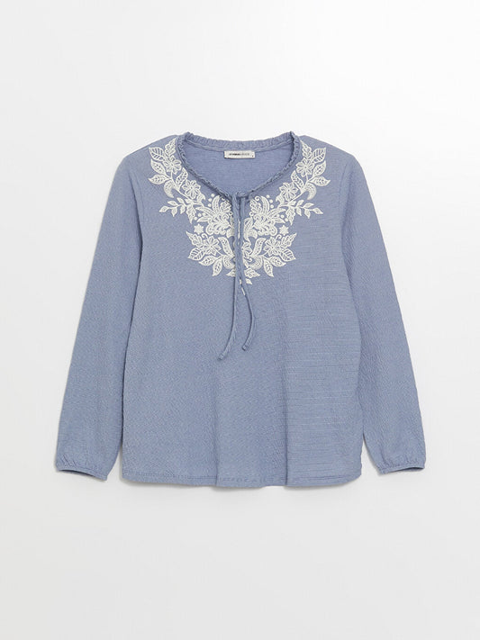 Tie Collar Embroidered Long Sleeve Women's Blouse