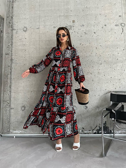 Shirt Collar Long Sleeve Printed Women's Dress