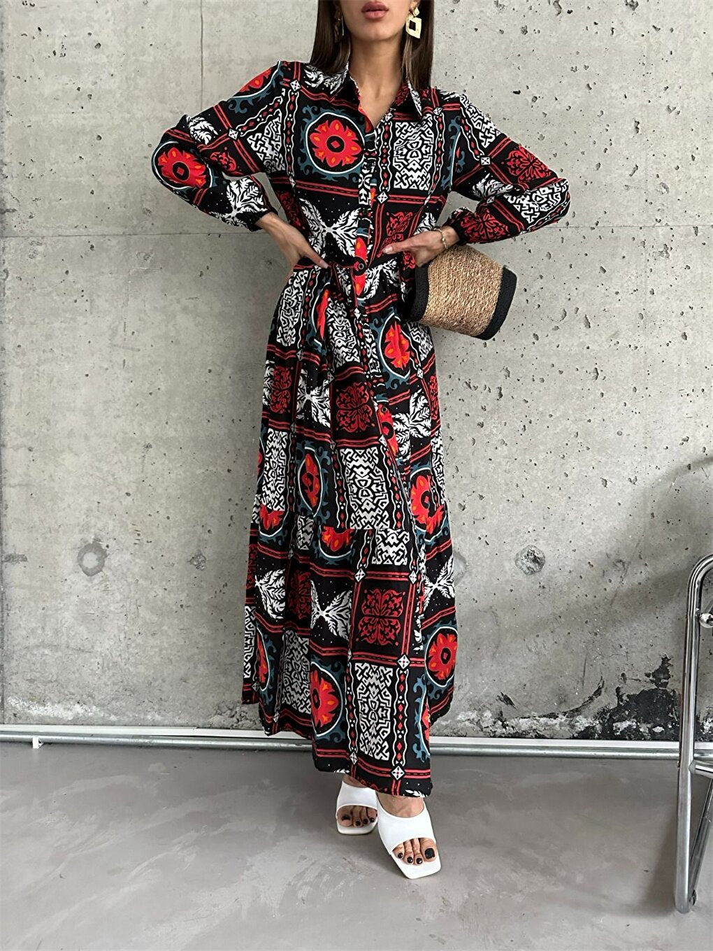 Shirt Collar Long Sleeve Printed Women's Dress