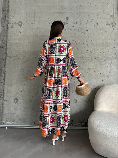 Shirt Collar Long Sleeve Printed Women's Dress