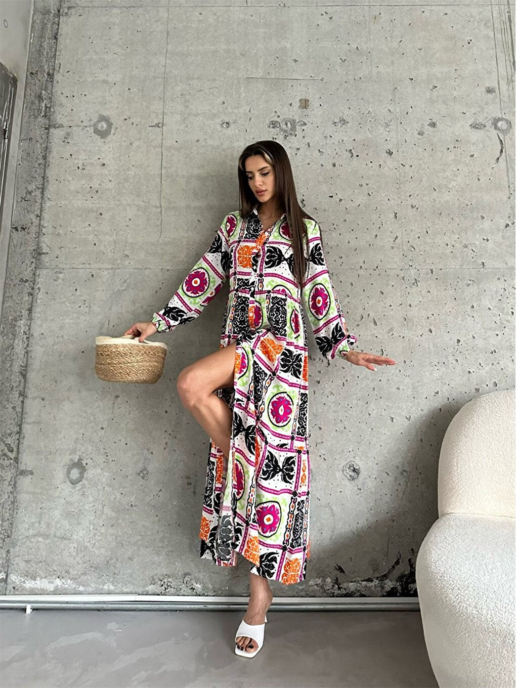 Shirt Collar Long Sleeve Printed Women's Dress