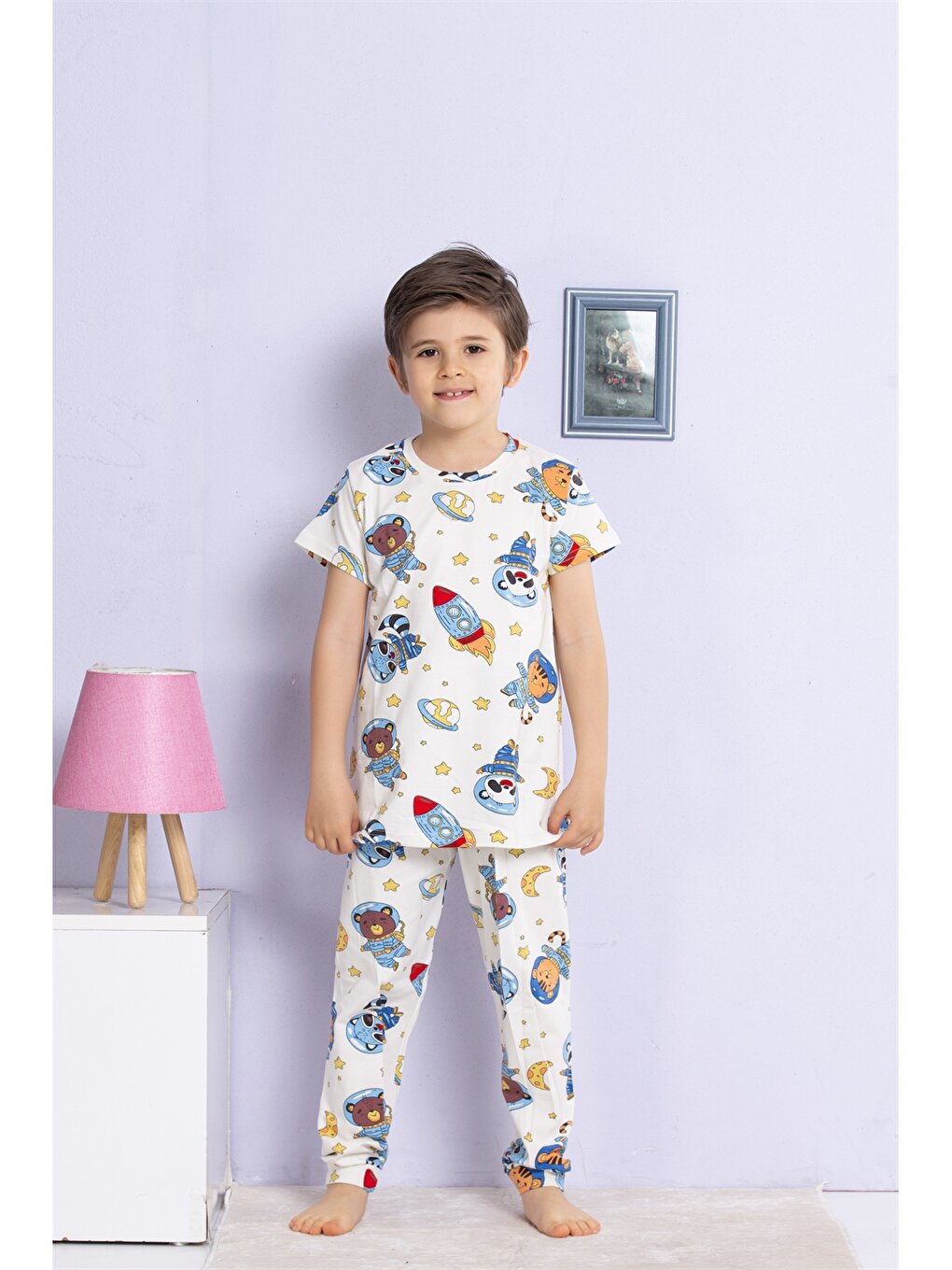 Crew Neck Printed Short Sleeve Boys' Pajama Set