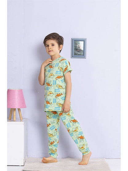 Crew Neck Printed Short Sleeve Boys Pajama Set