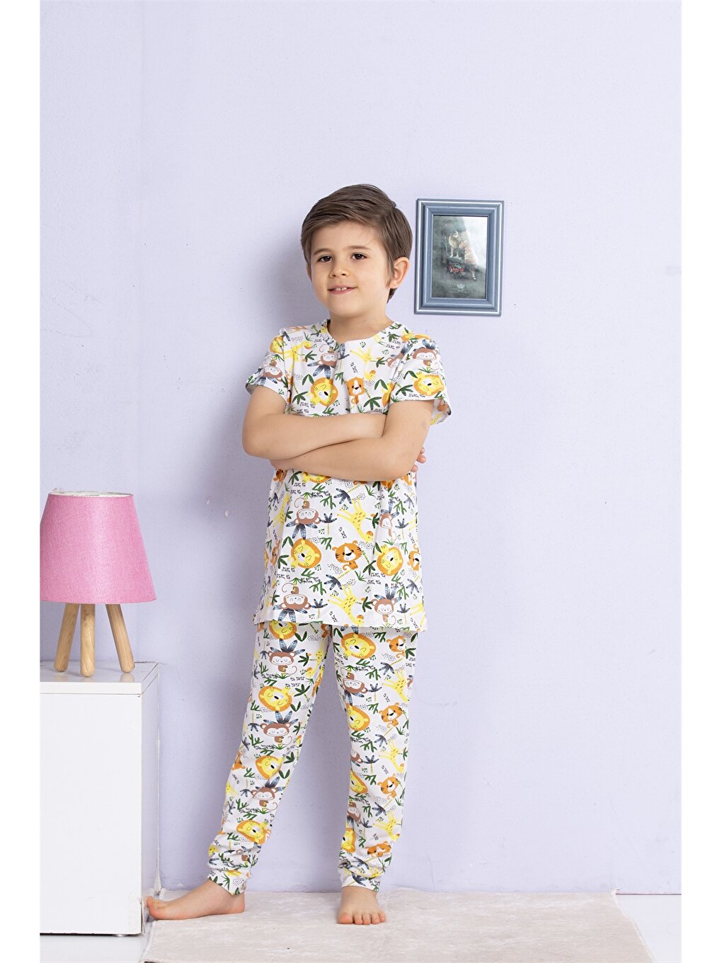 Crew Neck Printed Short Sleeve Boys Pajama Set