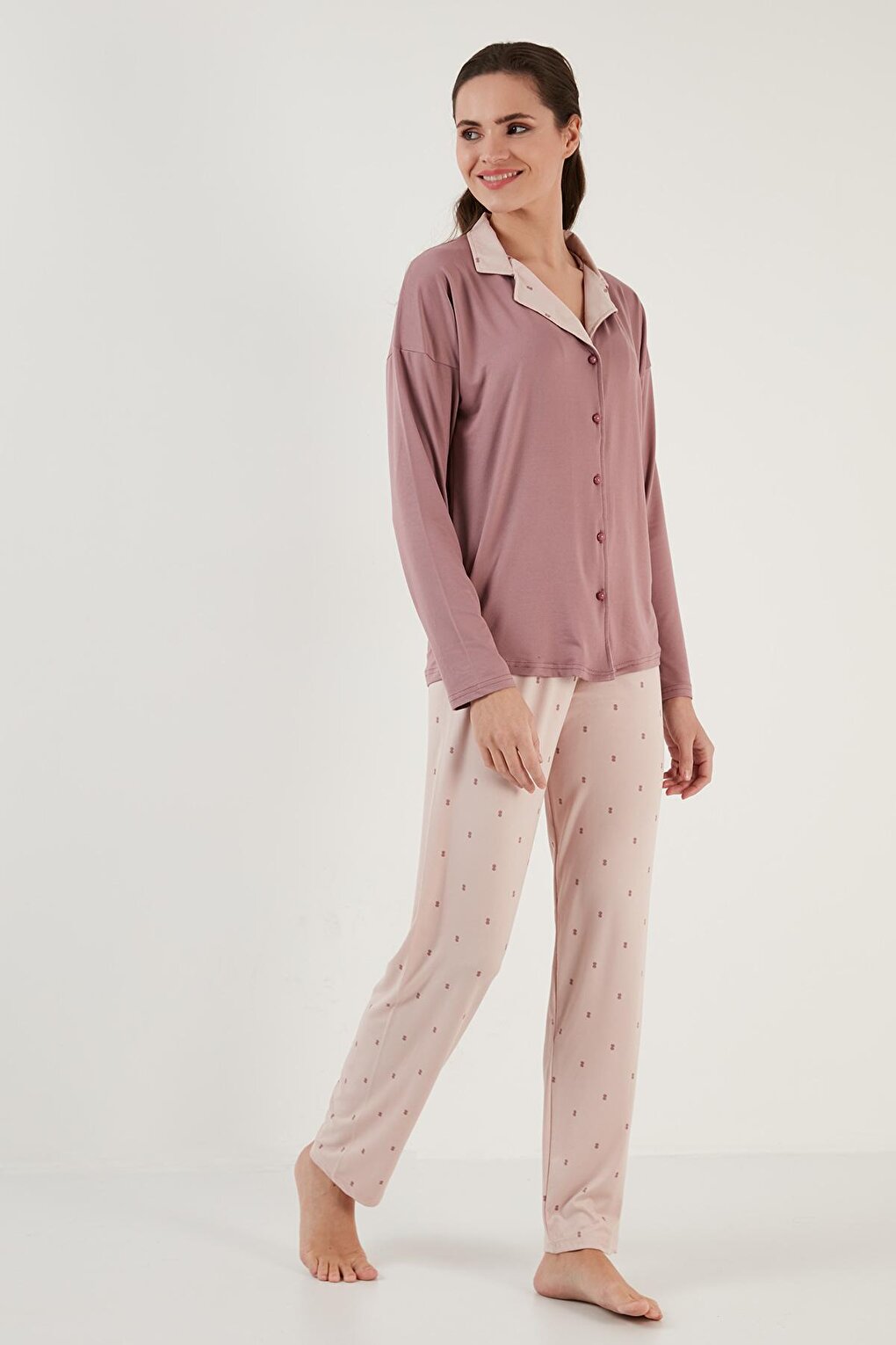 Patterned Elastic Waist Long Sleeve Shirt Collar Woven Pajama Set 6097520