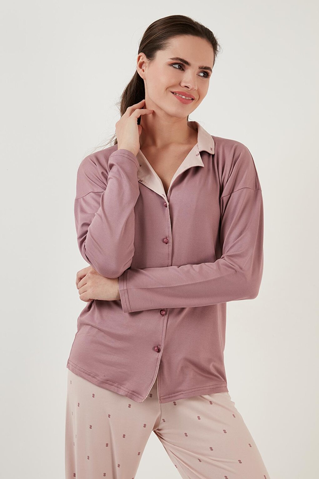 Patterned Elastic Waist Long Sleeve Shirt Collar Woven Pajama Set 6097520