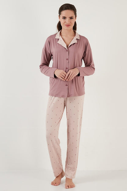 Patterned Elastic Waist Long Sleeve Shirt Collar Woven Pajama Set 6097520