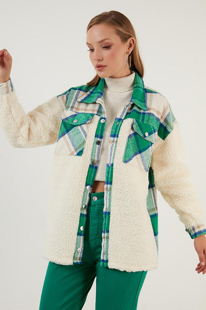 Oversize Plaid Patterned Pocket Faux Fur Winter Shirt Jacket Women's SHIRT JACKET 42190477