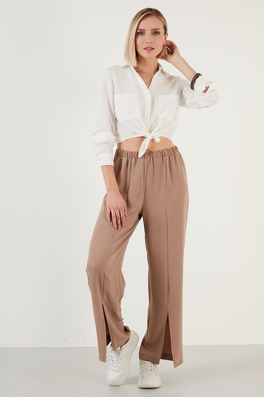 Elastic Waistband Slit Comfortable Cut Trousers Women'S TROUSERS 6057038