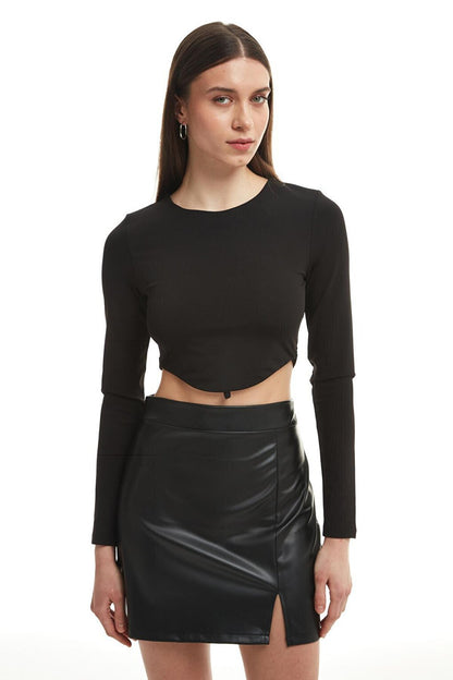 Slit Detailed Mini Leather Skirt Black