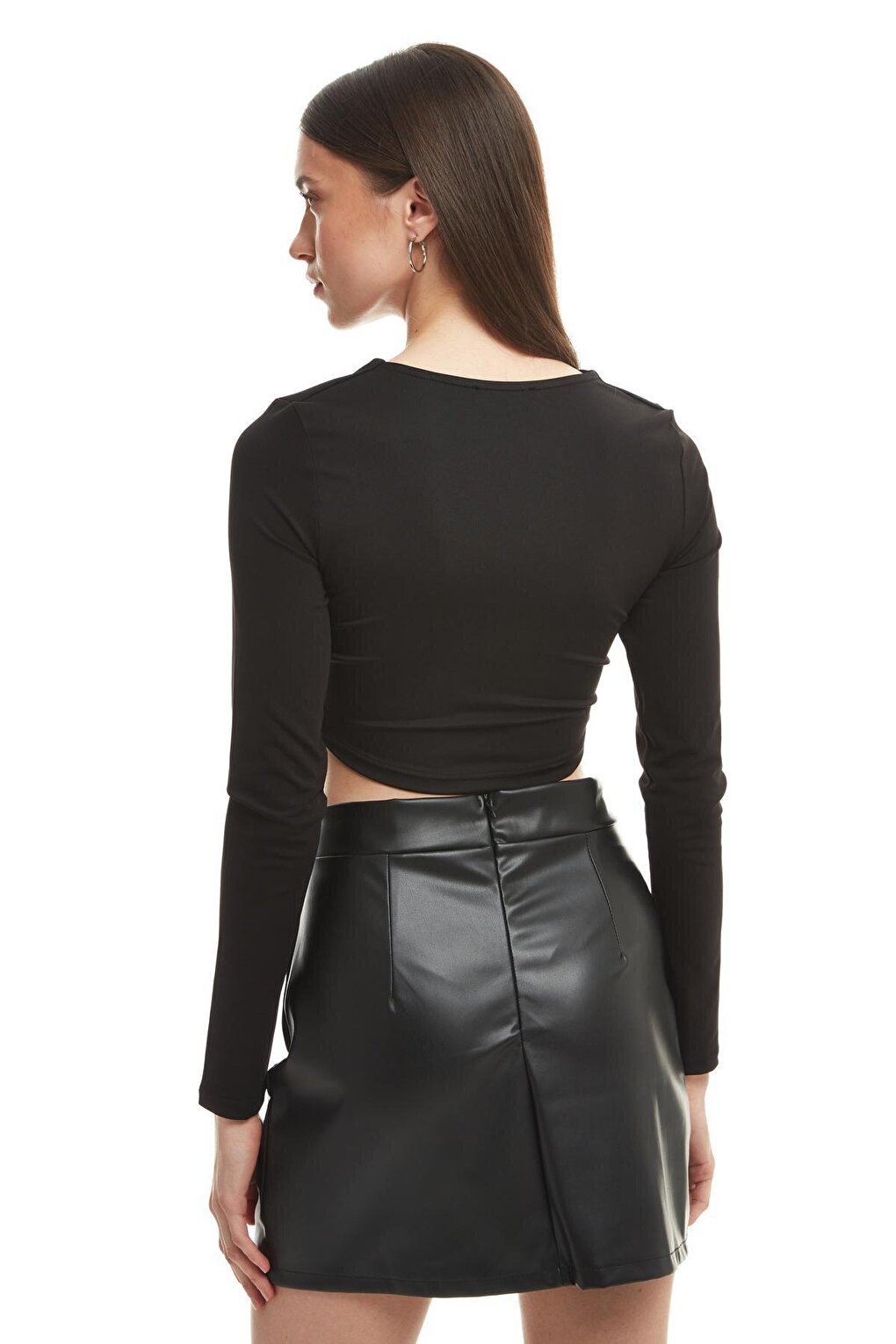 Slit Detailed Mini Leather Skirt Black