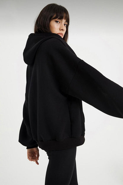 Women's Black Three Thread Oversize Sweatshirt with Zipper