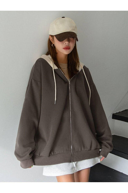 Women's Brown Beige Hooded Detailed Zippered Cardigan