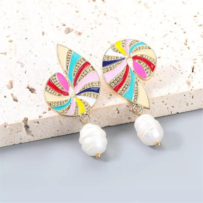 Colorful Asymmetrical Shell Earrings with Pearls