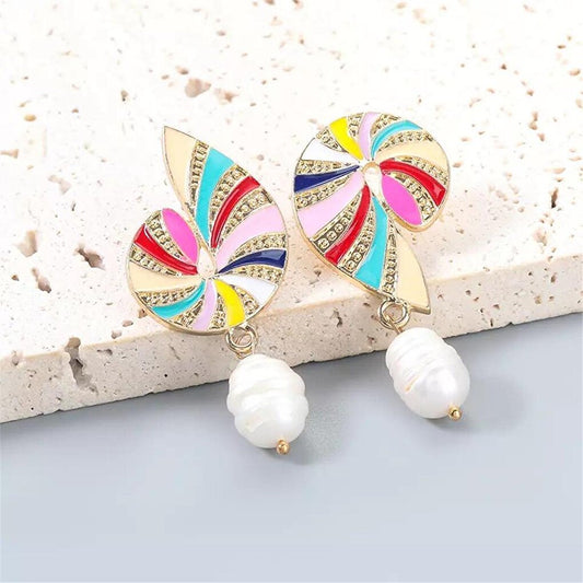 Colorful Asymmetrical Shell Earrings with Pearls