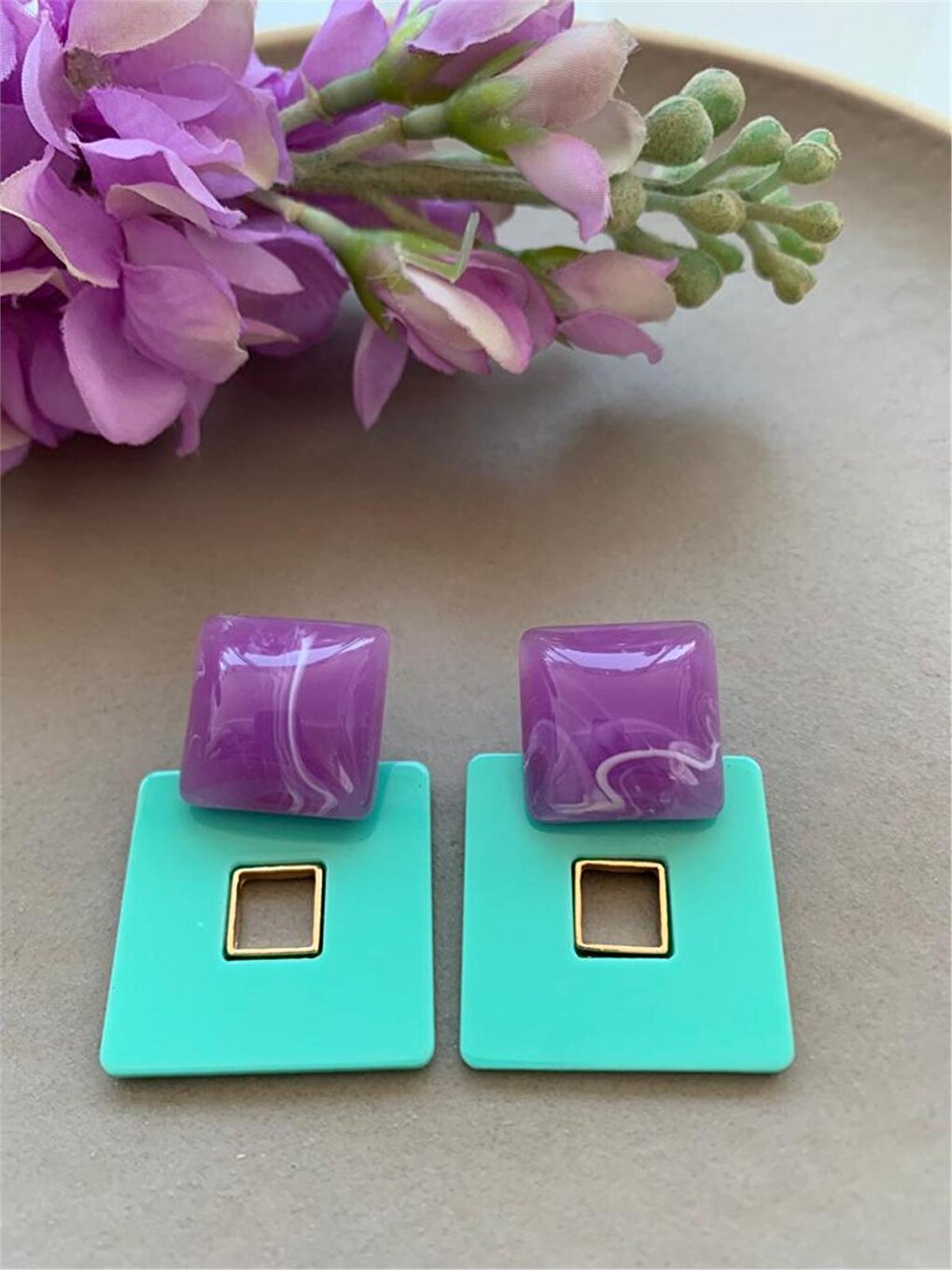 Green Purple Square Earrings