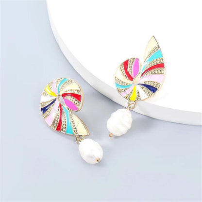 Colorful Asymmetrical Shell Earrings with Pearls