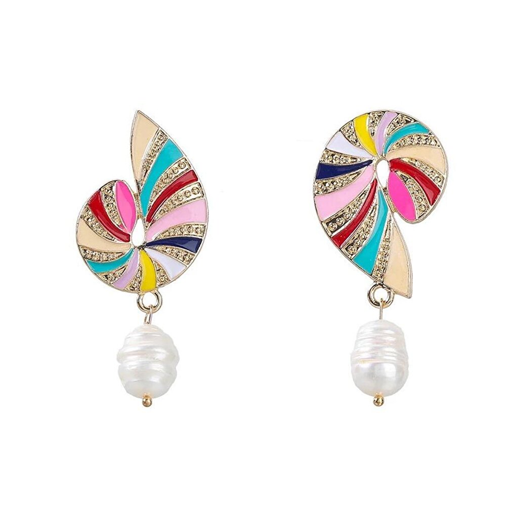 Colorful Asymmetrical Shell Earrings with Pearls