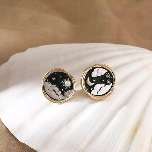 Sun Moon Cloud Landscape Patterned Green Earrings