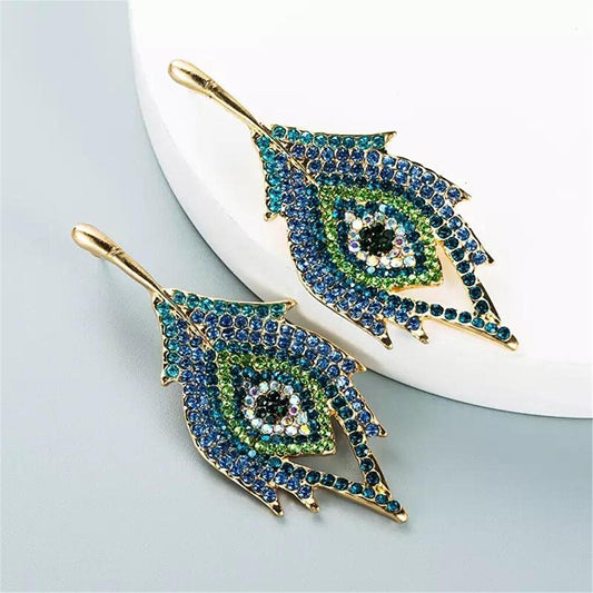 Blue Large Peacock Feather Earrings