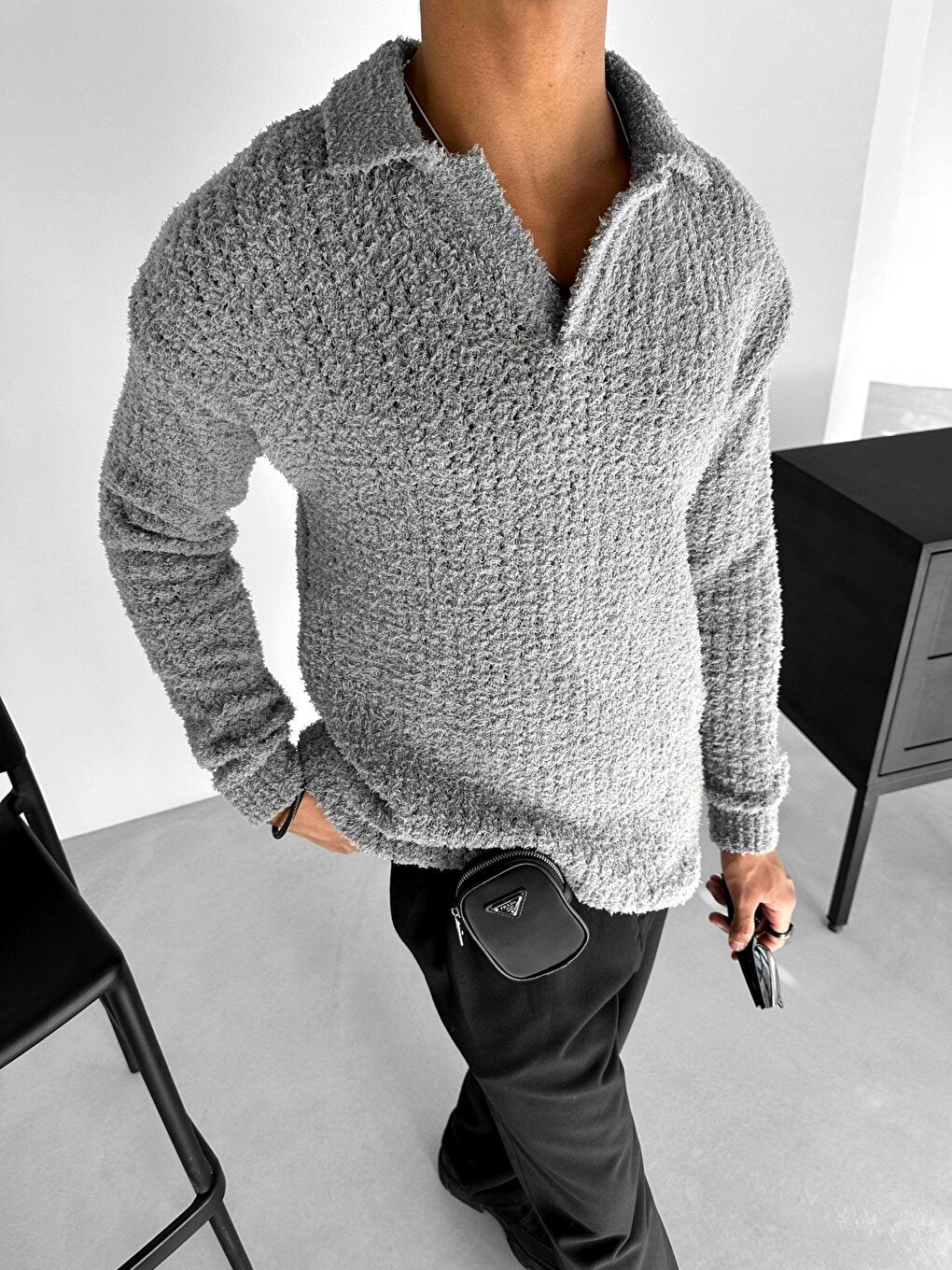 Oversize Soft Textured Knitted Sweater Gray