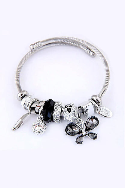 Black Charm Pendant Bracelet with Stainless Crystal Butterfly Detail