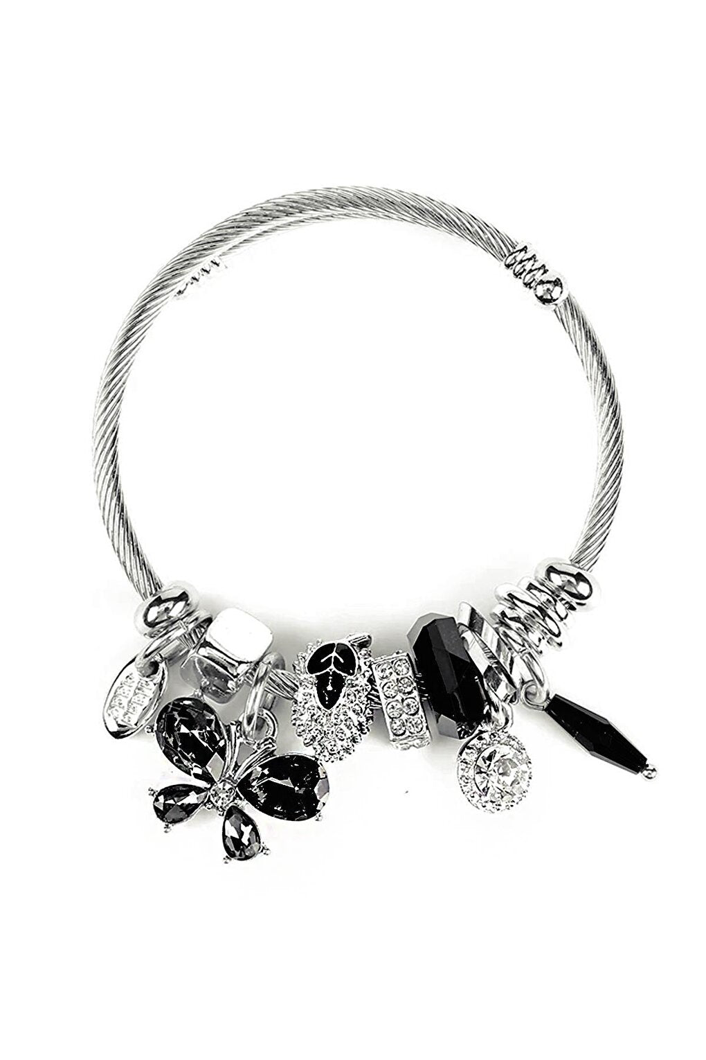 Black Charm Pendant Bracelet with Stainless Crystal Butterfly Detail