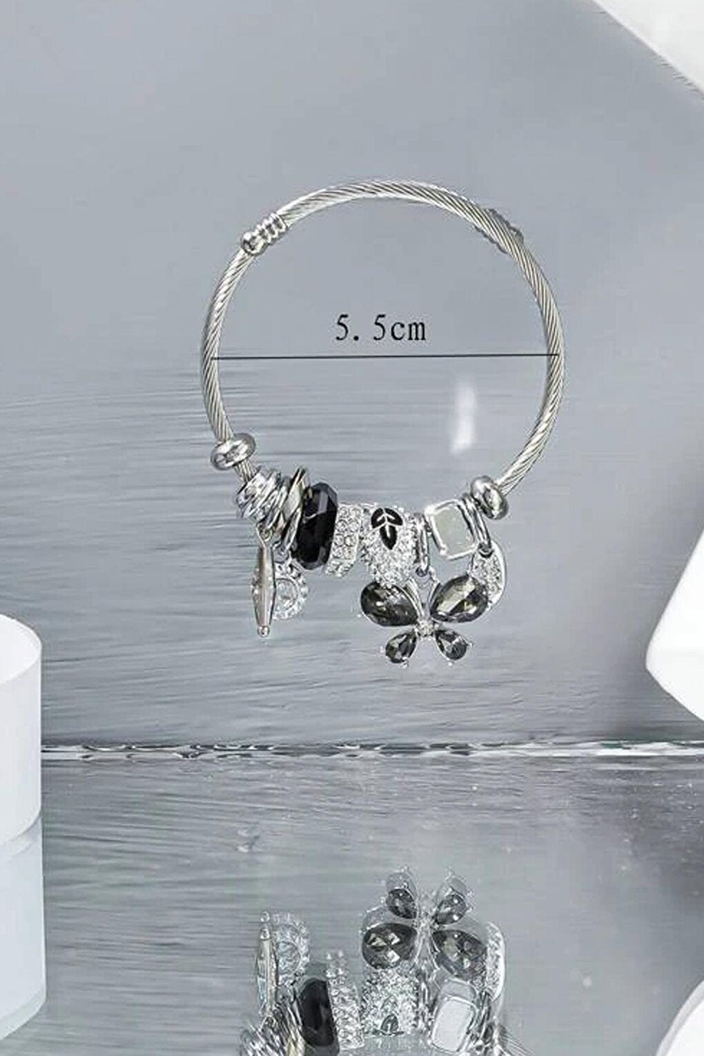 Black Charm Pendant Bracelet with Stainless Crystal Butterfly Detail