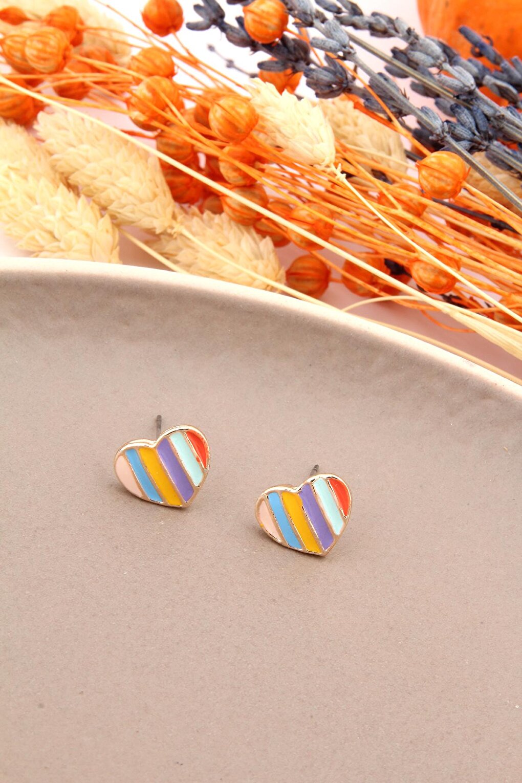 Mini Colorful Striped Heart Earrings