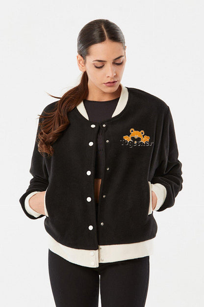 Teddy Bear Embroidered Snap Fastener College Jacket