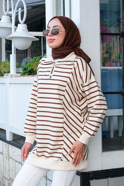 Snap Front Striped Sweat Brown