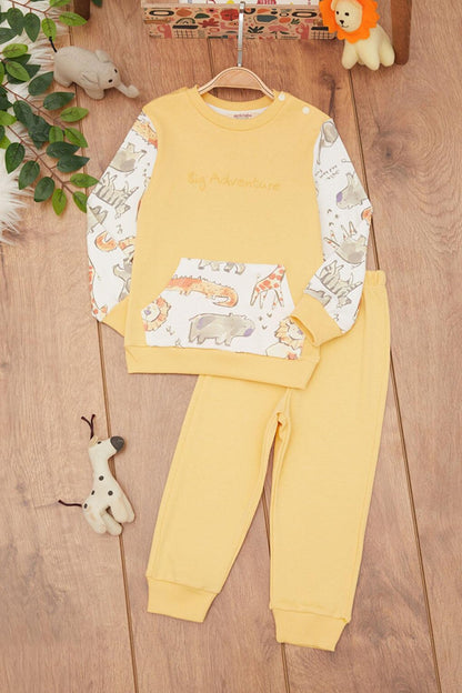 Yellow Baby Boy Animal Patterned Kangaroo Pocket Tracksuit Set 17381