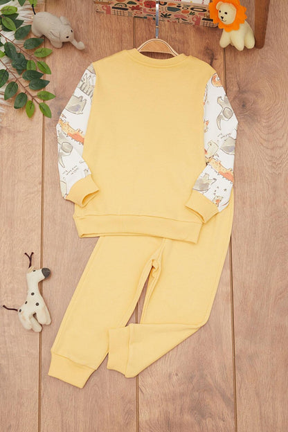 Yellow Baby Boy Animal Patterned Kangaroo Pocket Tracksuit Set 17381