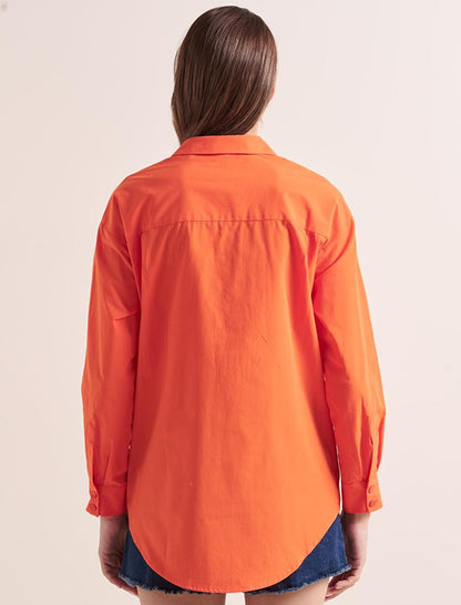 Orange Loose Cut Long Back 100% Cotton Basic Shirt