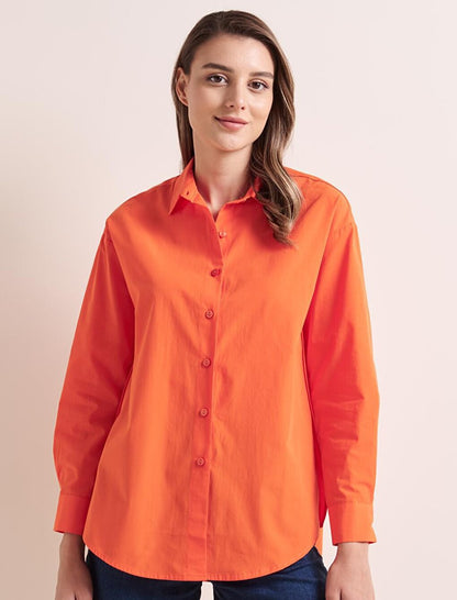 Orange Loose Cut Long Back 100% Cotton Basic Shirt