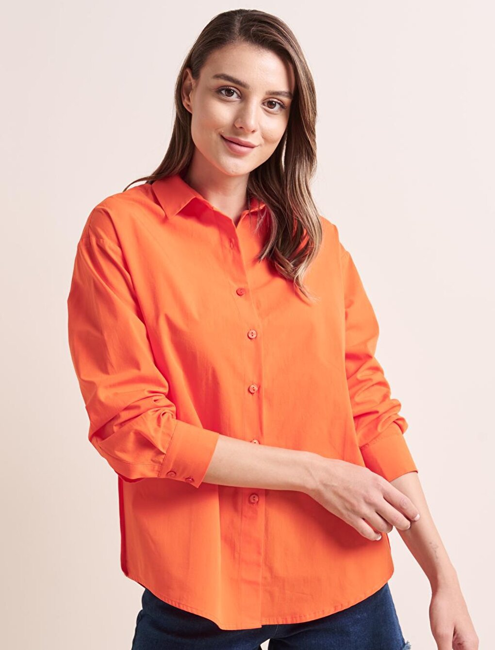 Orange Loose Cut Long Back 100% Cotton Basic Shirt