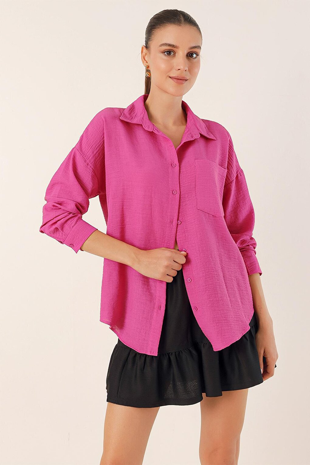 20153 Single Pocket Oversize Shirt - Fuchsia