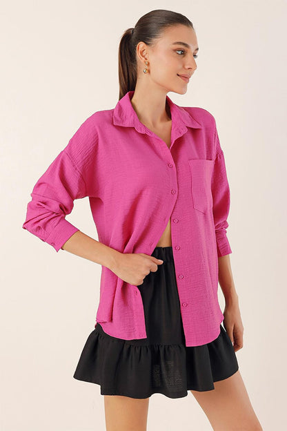 20153 Single Pocket Oversize Shirt - Fuchsia