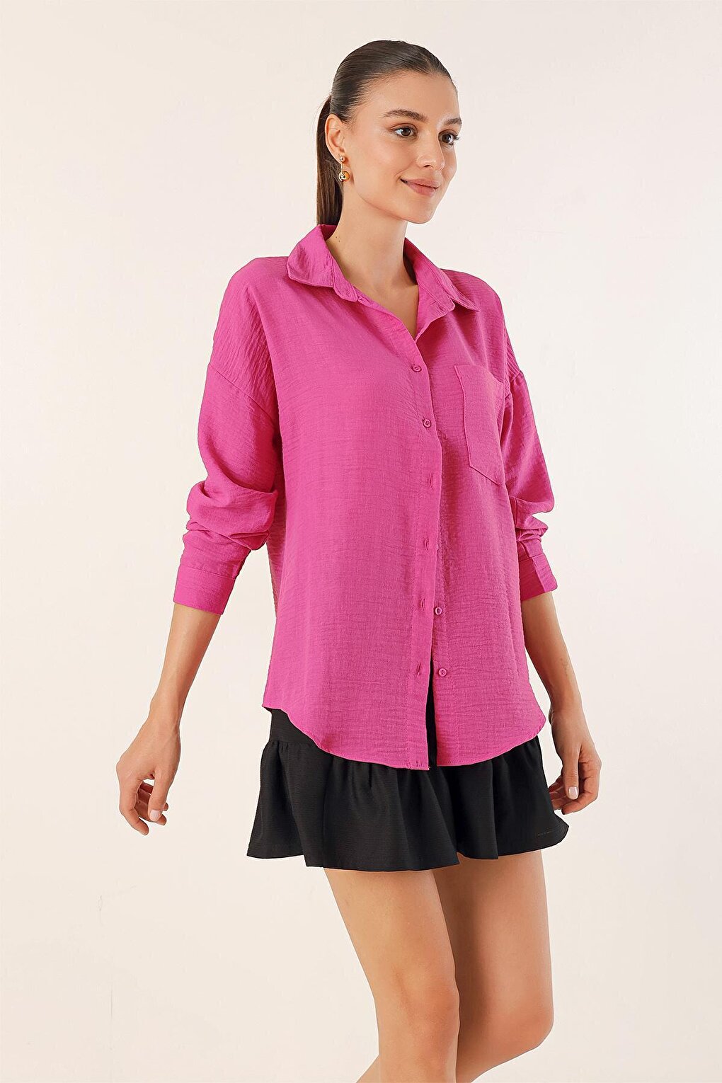 20153 Single Pocket Oversize Shirt - Fuchsia