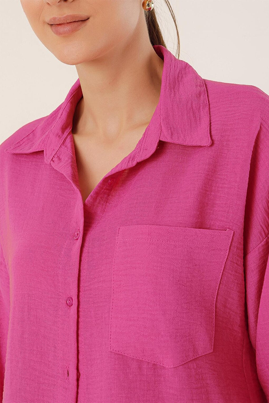 20153 Single Pocket Oversize Shirt - Fuchsia