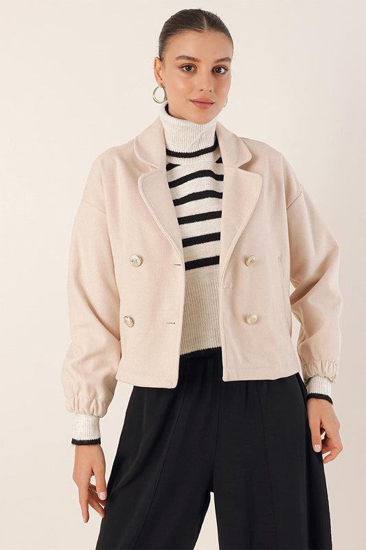 9117 Double Breasted Collar Crop Jacket - Beige