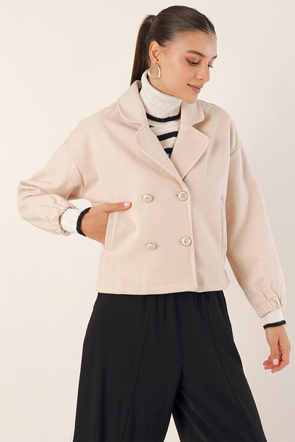 9117 Double Breasted Collar Crop Jacket - Beige