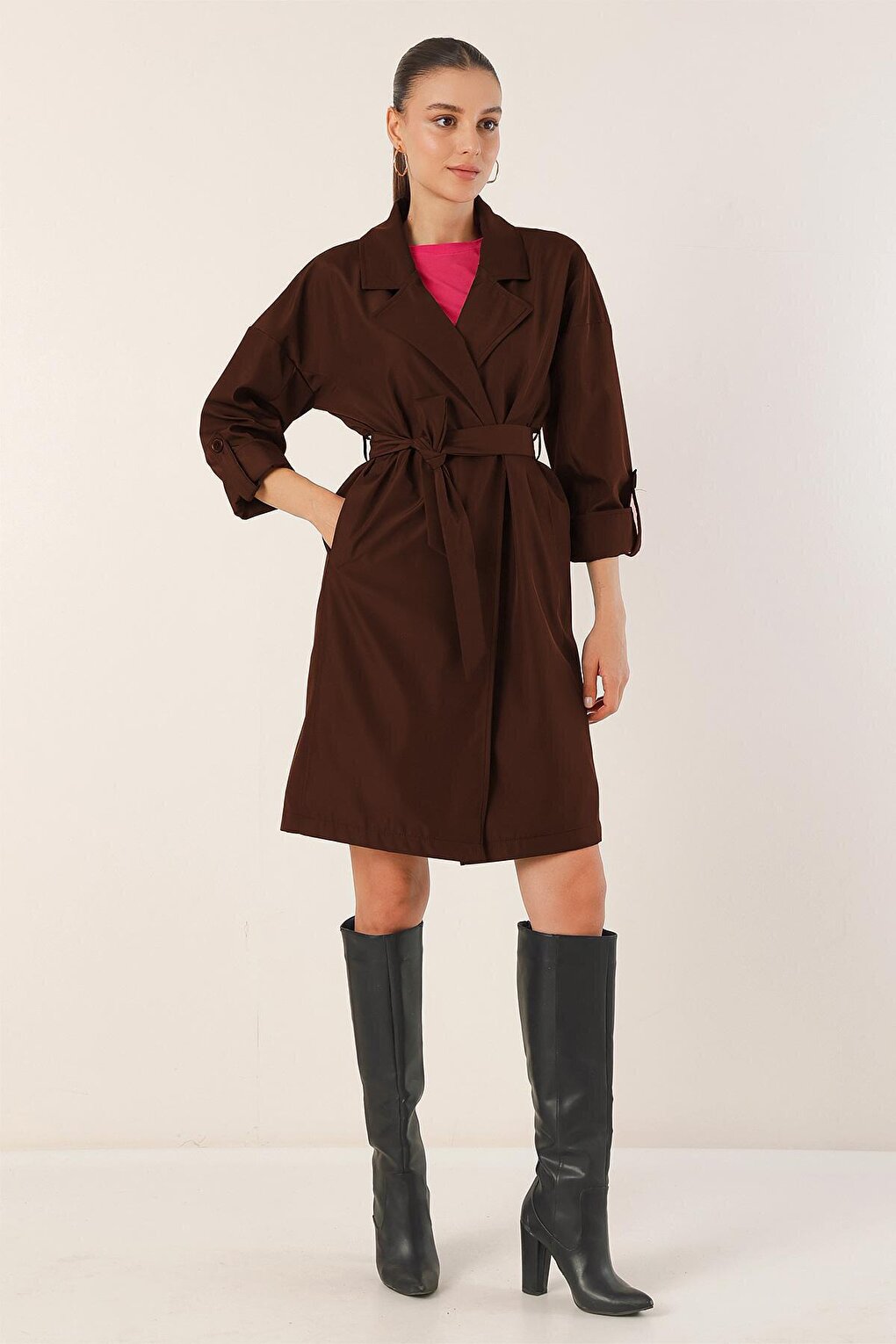 9104 Double Breasted Collar Lined Trench Coat - Brown