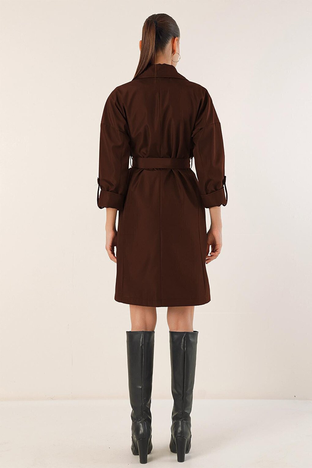 9104 Double Breasted Collar Lined Trench Coat - Brown