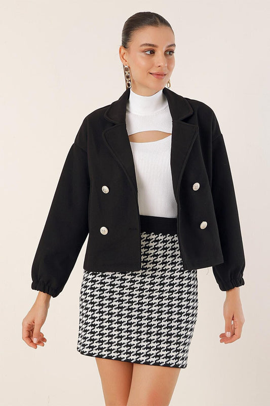 9117 Double Breasted Collar Crop Jacket - Black