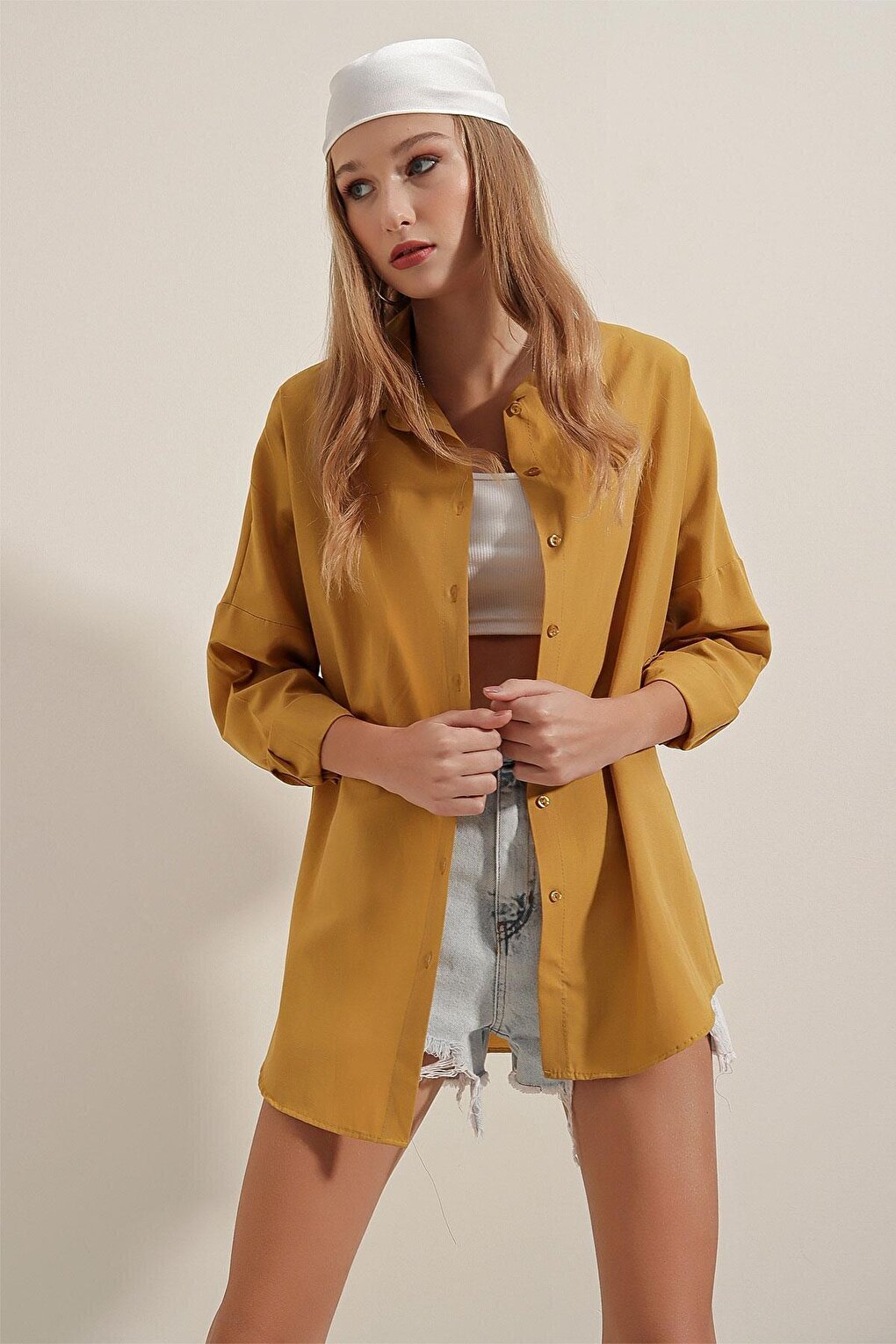 3900 Oversize Long Basic Shirt - Mustard