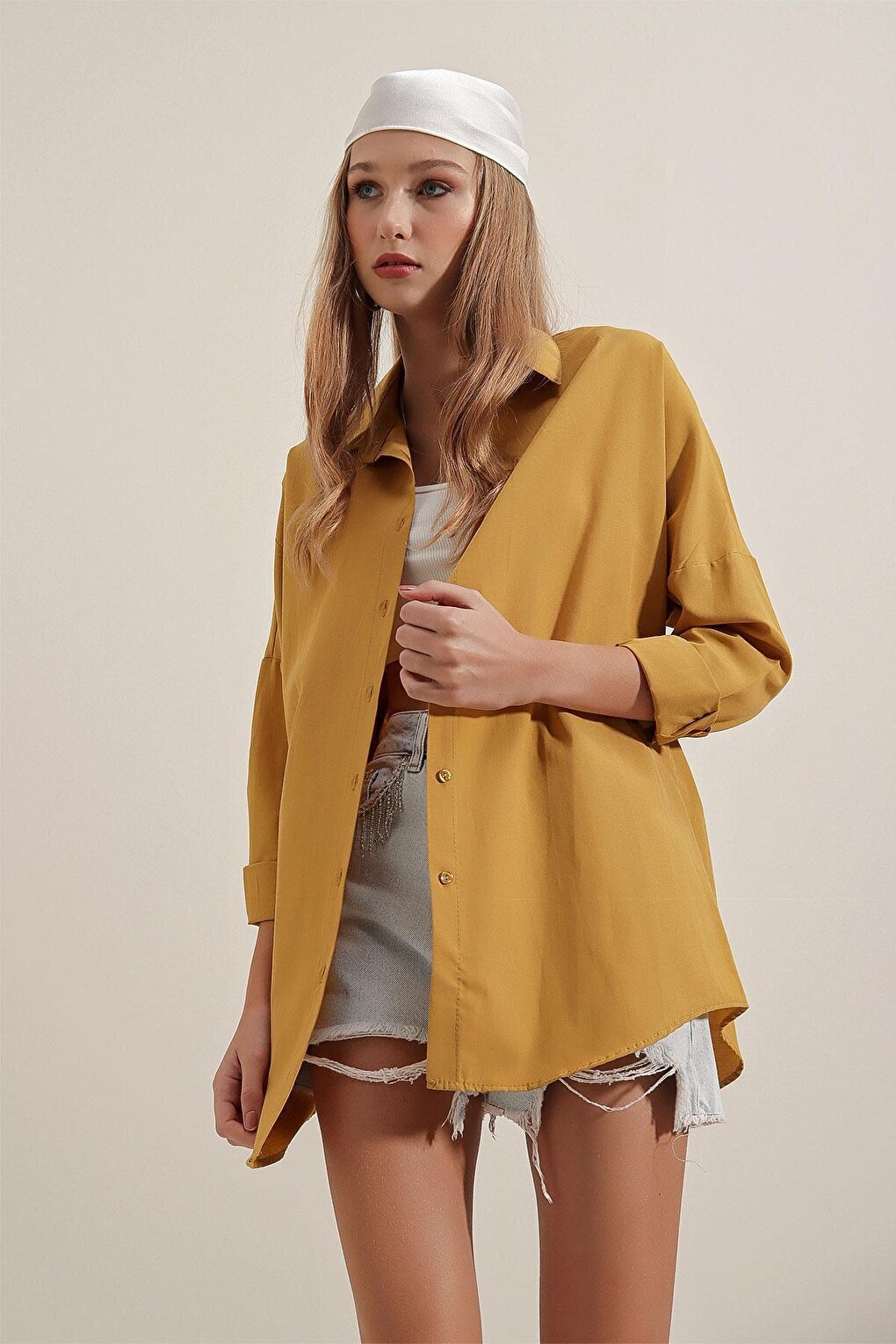 3900 Oversize Long Basic Shirt - Mustard